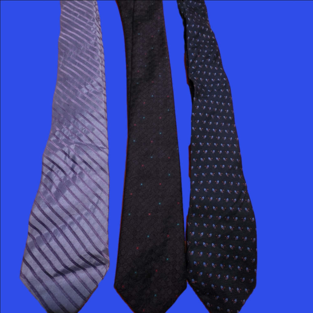 4/$67 Deal! Vintage Designer Men's Tie Trio - Purple, Black, and Blue